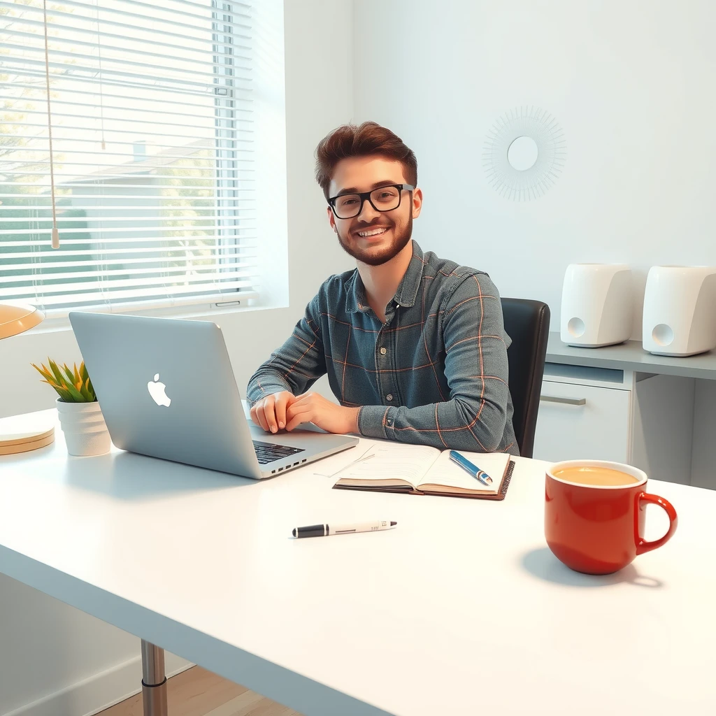 Eine ruhige Person sitzt konzentriert und glücklich an einem aufgeräumten Schreibtisch mit Laptop, Notizbuch, Stift und Kaffeetasse