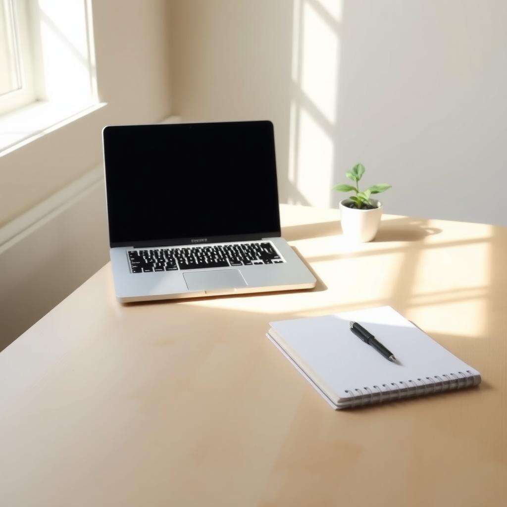 Ein minimalistischer Arbeitsplatz mit einem sauberen Holztisch, einem Laptop, einem Notizbuch und einem Stift, beleuchtet durch Sonnenlicht.