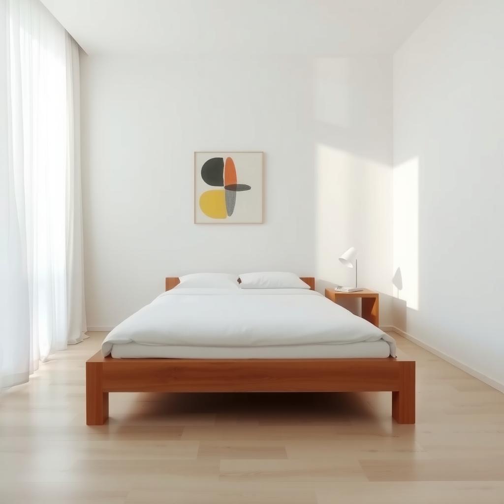 Ein minimalistisches Schlafzimmer mit einem niedrigen Holzbett, weißer Bettwäsche und einem abstrakten Kunstwerk an der Wand, beleuchtet von sanftem Tageslicht durch leichte Vorhänge.