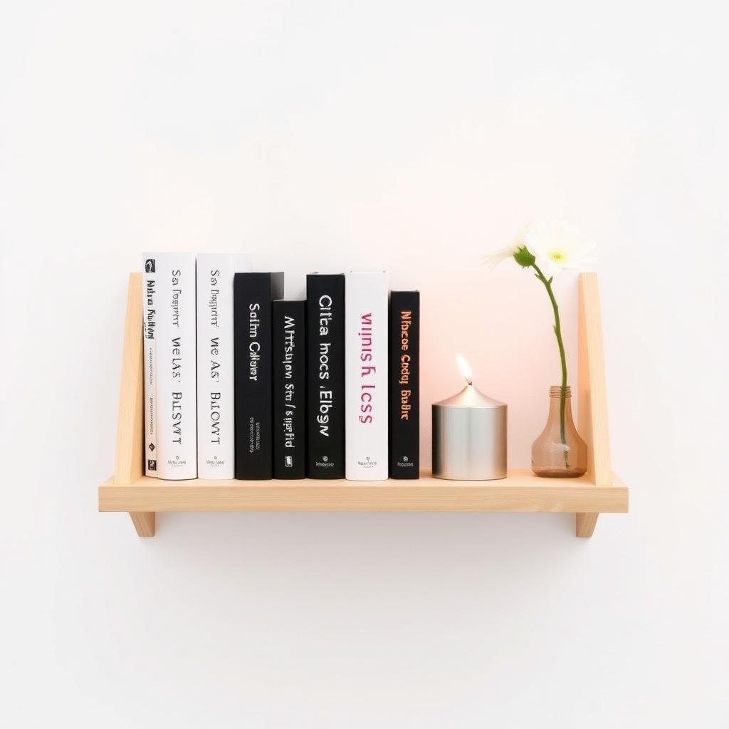 Ein ordentliches Bücherregal mit einer kleinen Sammlung von Büchern über Minimalismus und Achtsamkeit. Das Regal aus hellem Holz steht vor einer weißen Wand. Eine Kerze brennt sanft neben den Büchern, und eine Vase mit einer einzelnen Blume sorgt für einen Farbtupfer.