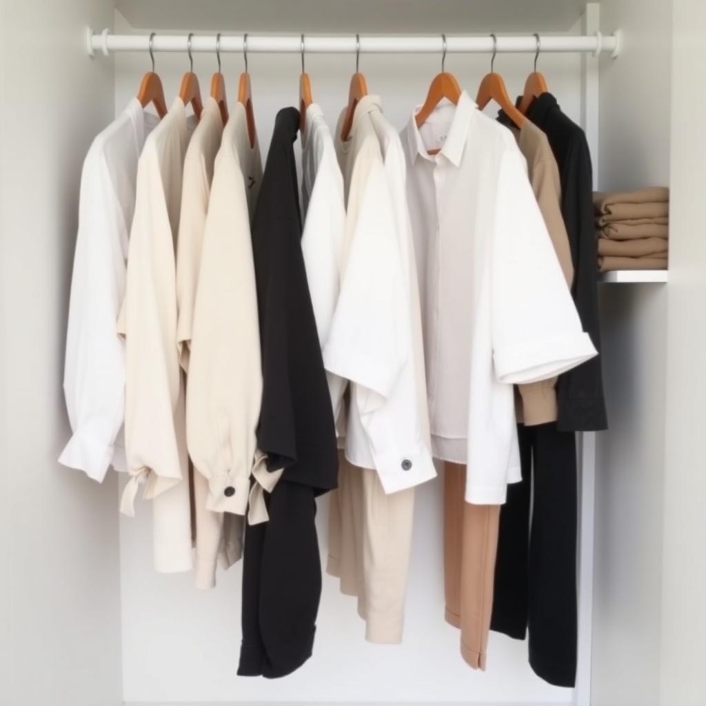 Ordentlicher Kleiderschrank mit einer Capsule-Wardrobe aus 30 Kleidungsstücken in neutralen Farben, auf Holzbügeln und mit gefalteten Pullovern.