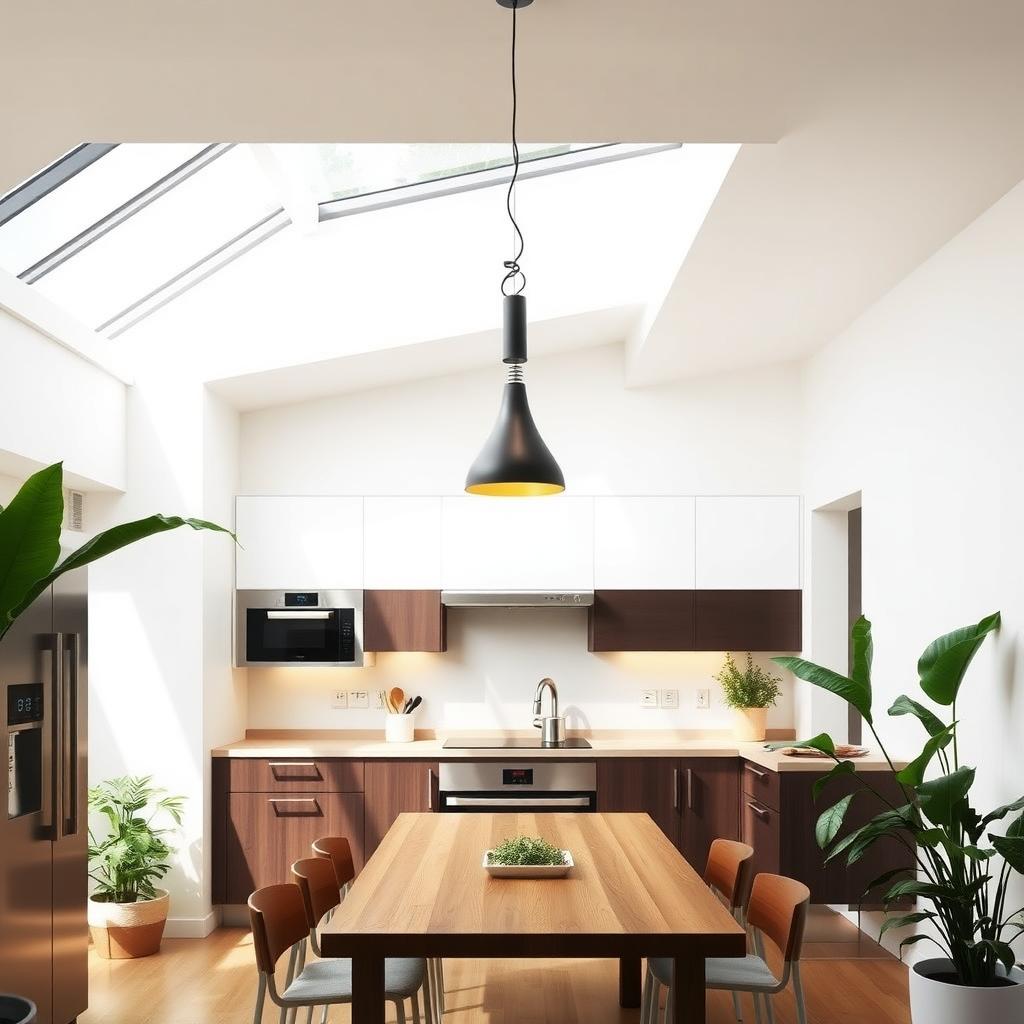 Moderne Küche mit LED-Pendelleuchte, großen Oberlichtern und minimalistischem Design.