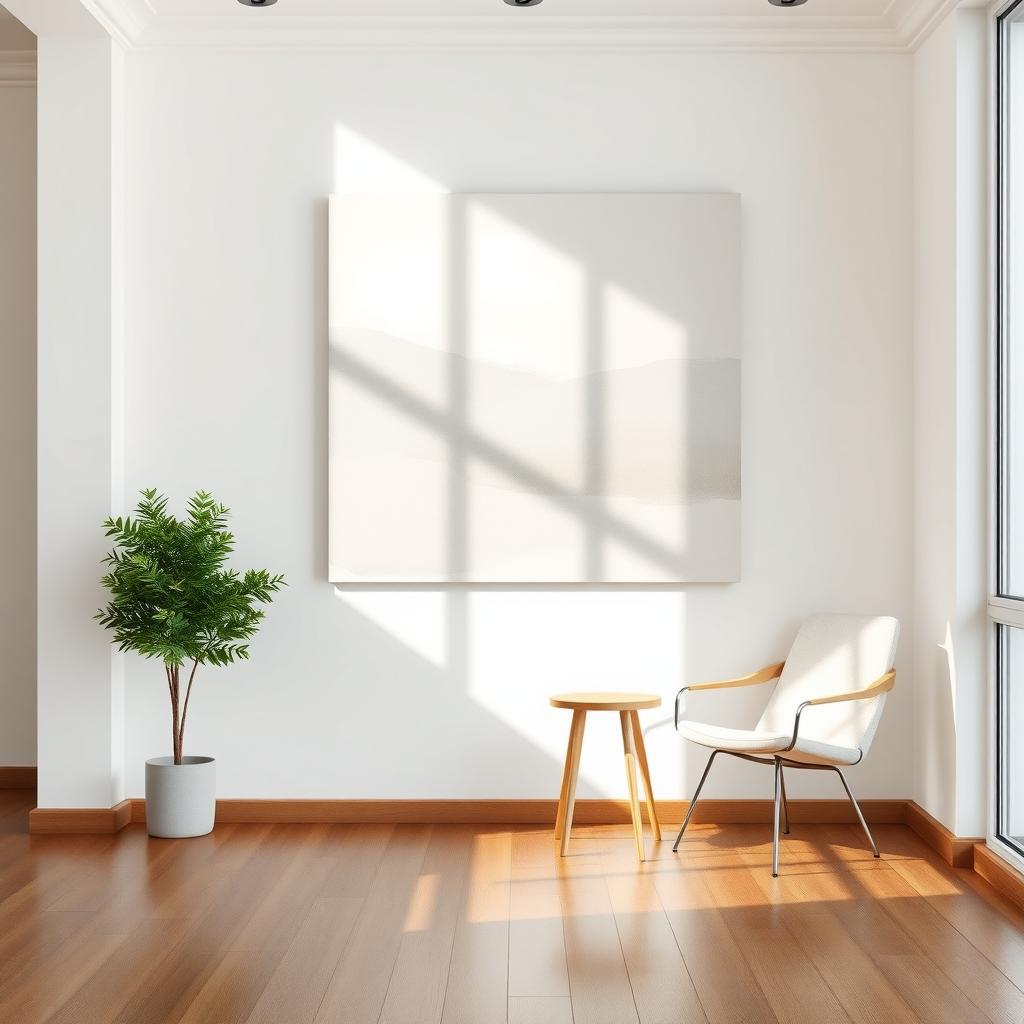 Minimalistisches Wohnzimmer mit einem großen, abstrakten Gemälde in Grau- und Beigetönen an einer weißen Wand.