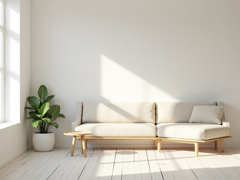 Minimalistisches Wohnzimmer mit Sofa, Couchtisch und Pflanze