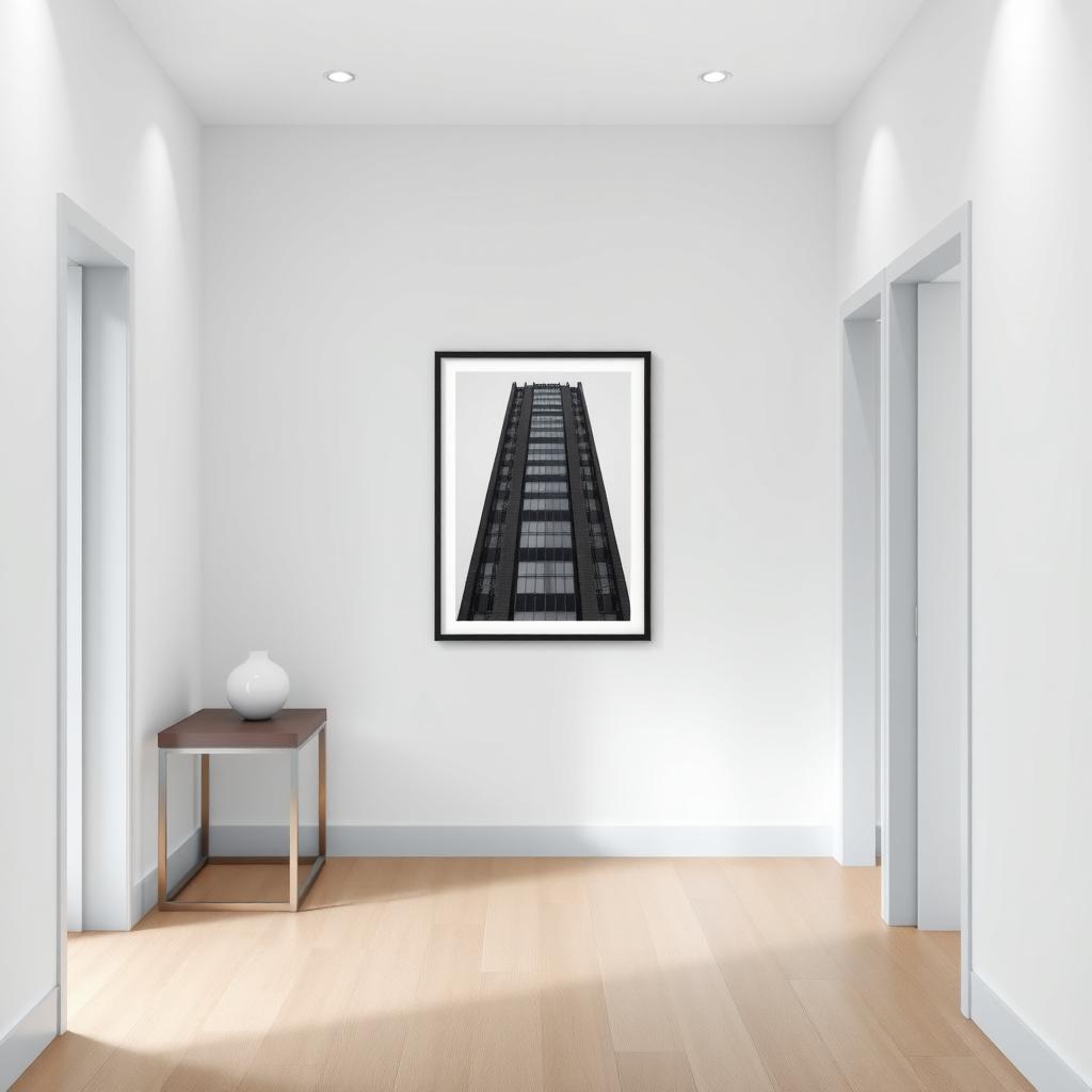 Minimalistischer Flur mit einem gerahmten Schwarz-Weiß-Foto eines modernen Gebäudes an der Wand, hellgrauen Wänden, einem Holzboden und einem kleinen Konsolentisch mit einer Vase.