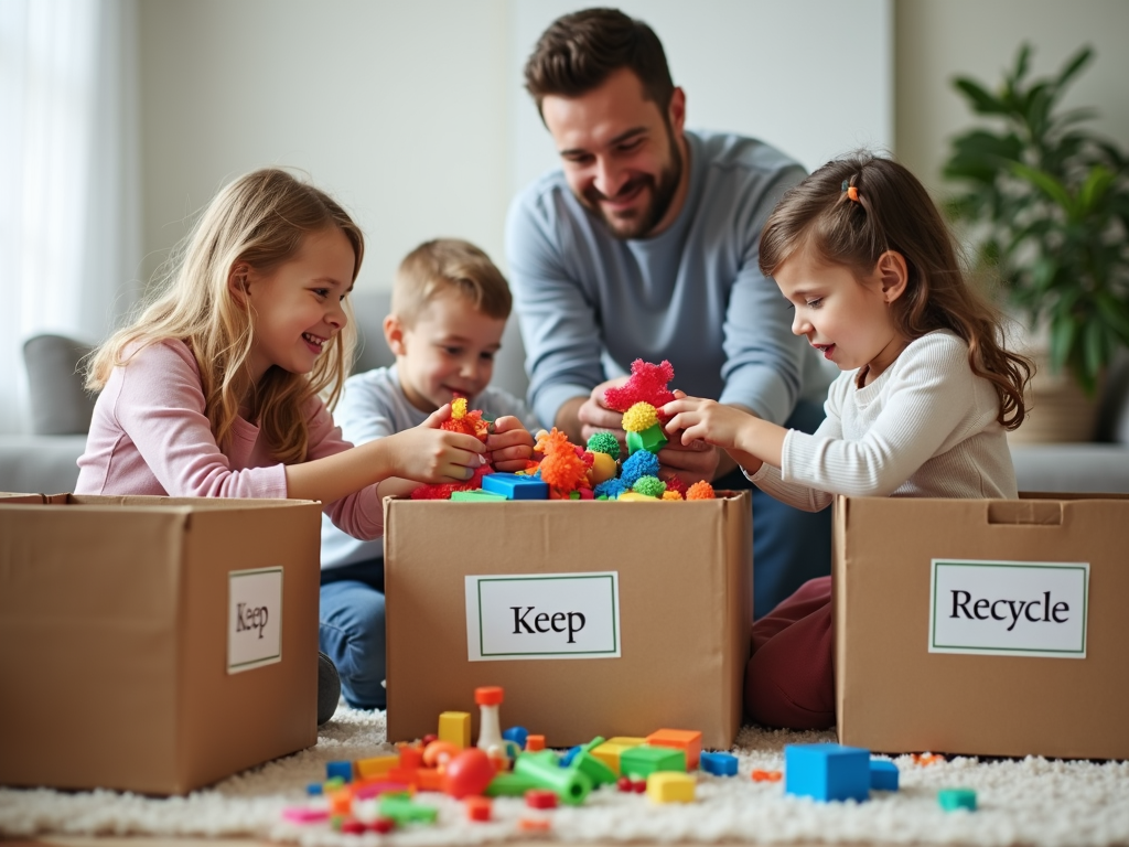 Eine Familie sortiert gemeinsam Spielzeug und organisiert es in Kisten mit den Aufschriften "behalten", "spenden" und "recyceln".