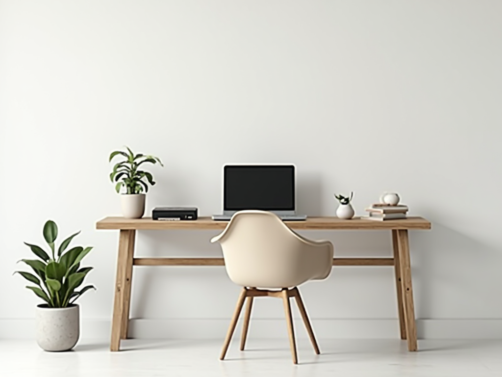 Ein minimalistischer Arbeitsplatz mit einem schlichten Schreibtisch, einem bequemen Stuhl und wenigen essenziellen Gegenständen wie einem Laptop und einer Pflanze.