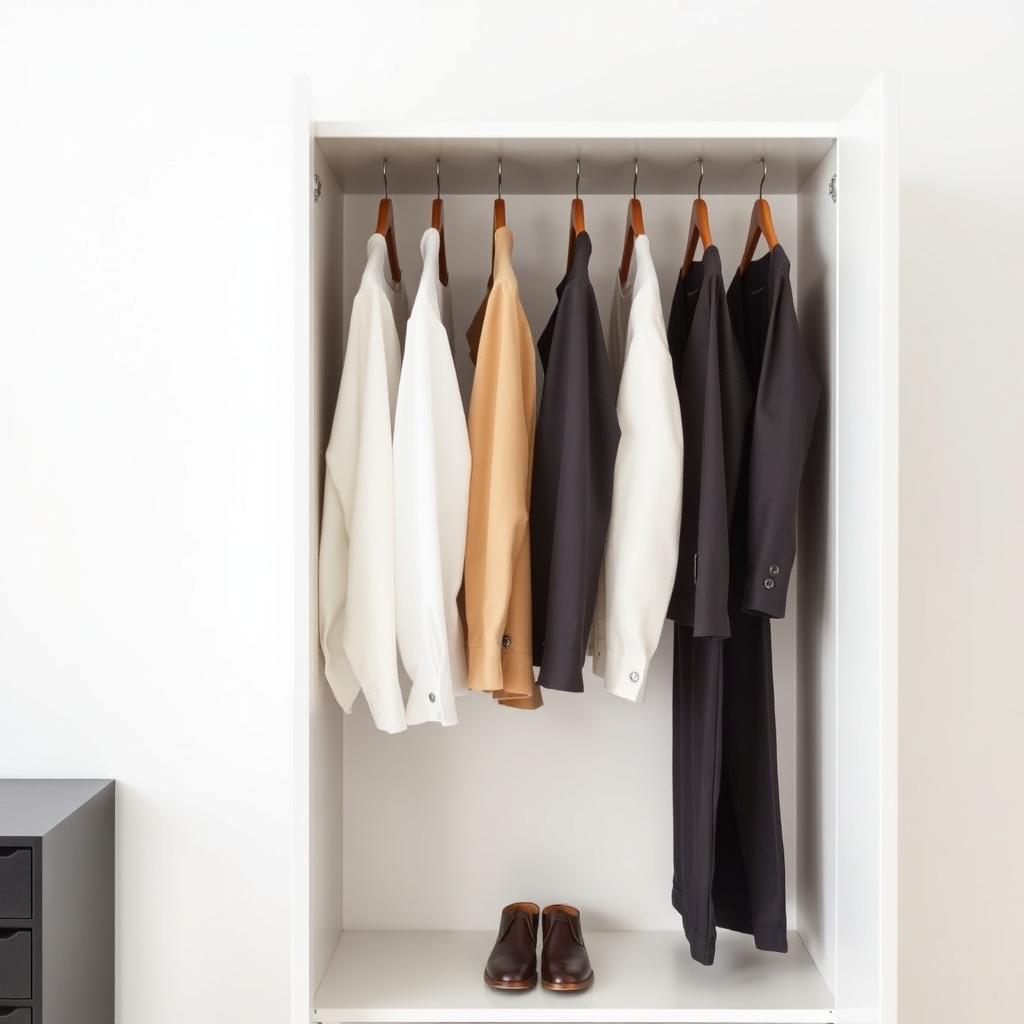 Ein minimalistischer Kleiderschrank mit wenigen, hochwertigen Kleidungsstücken auf Holzbügeln vor einer weißen Wand.