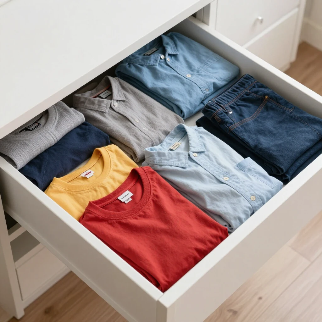 Perfekt gefaltete Kleidung in einer Schublade nach KonMari