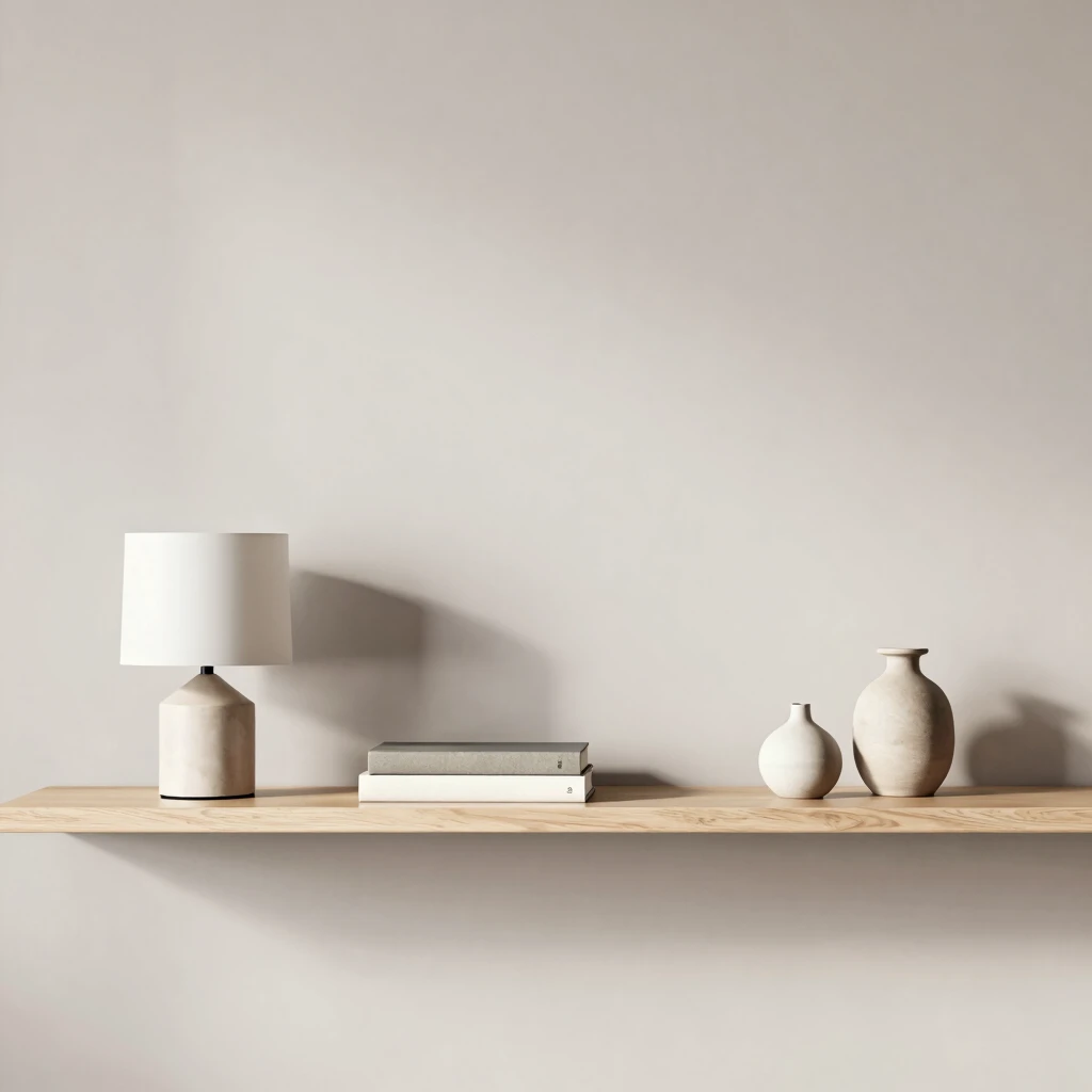 Minimalistisches Regal im Wohnzimmer mit wenigen Essentials