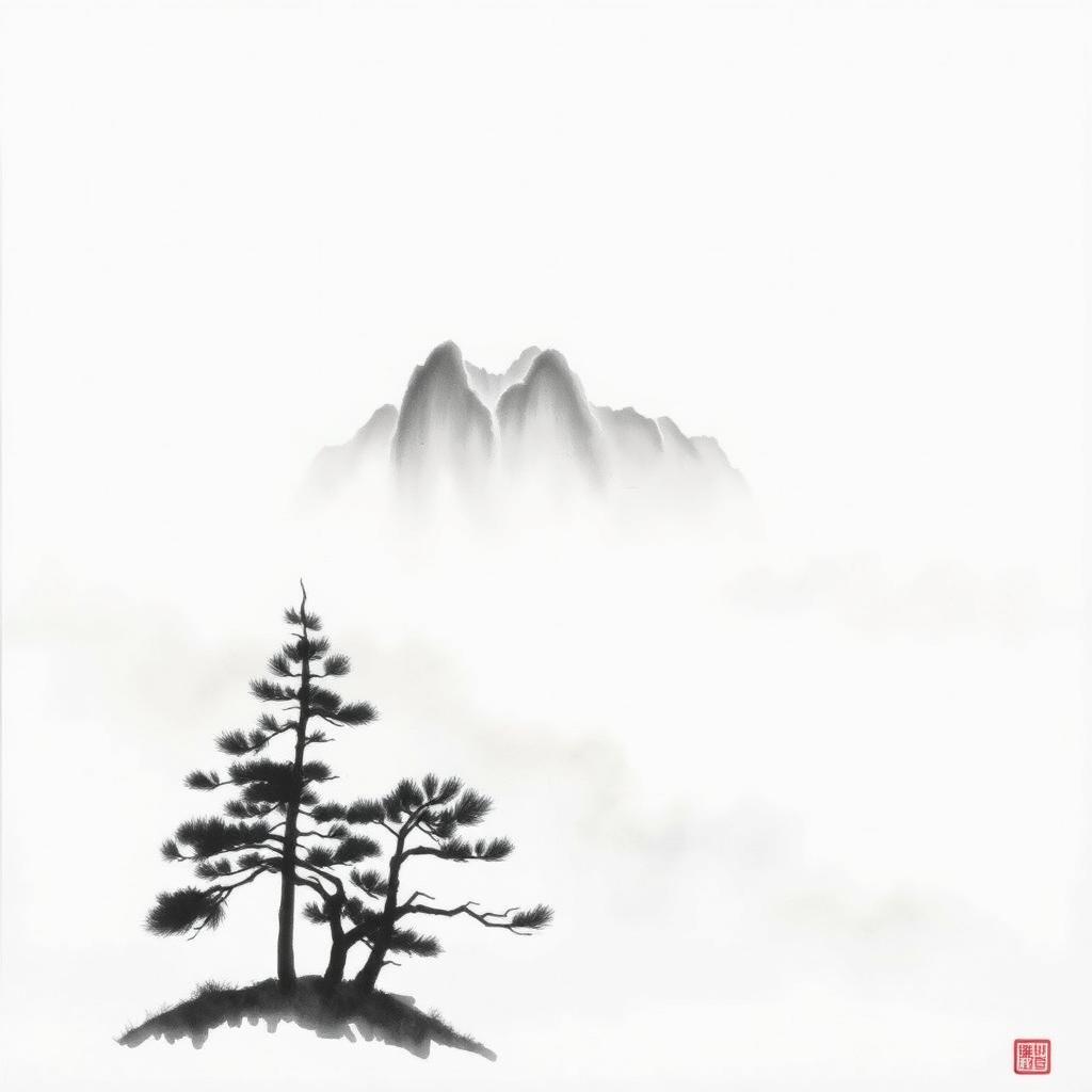 Sumi-e-Gemälde einer nebligen Berglandschaft mit einem einzelnen Kiefernbaum, das negativen Raum für Tiefe und Ruhe nutzt.