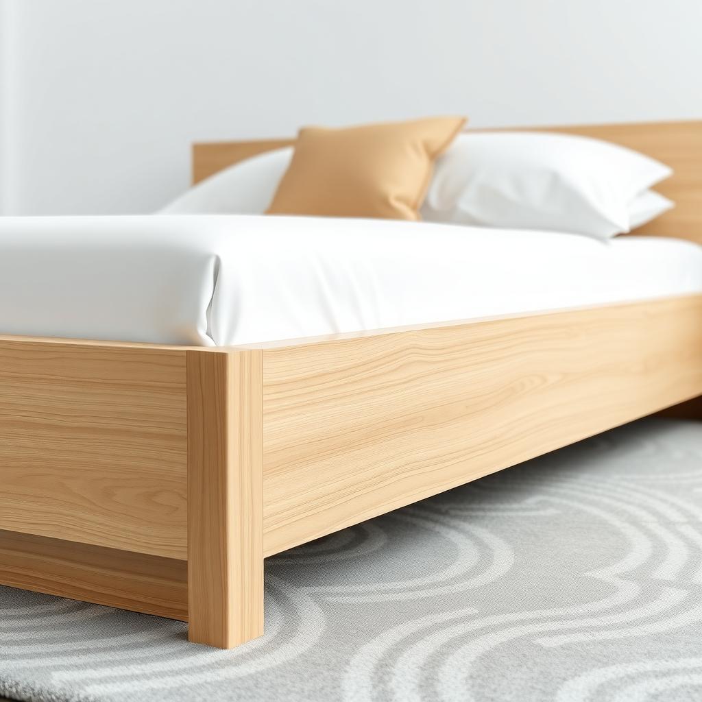 Nahaufnahme eines minimalistischen Bettes aus hellem Eichenholz mit weißer Bettwäsche und einem beigen Kissen.