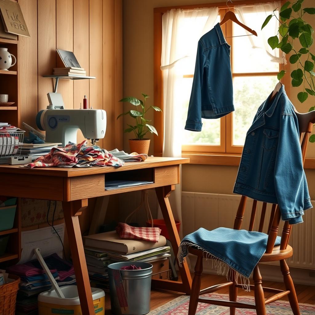 Eine gemütliche Nähecke mit einem Holztisch, einer Nähmaschine, Stoffresten und einer reparierten Jeansjacke.