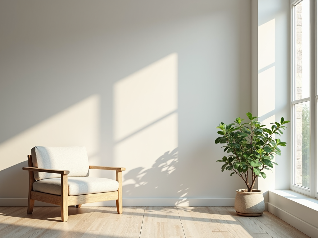 Ein ruhiges, minimalistisches Wohnzimmer mit einem gemütlichen Stuhl, einer kleinen Pflanze und sanftem natürlichem Licht.