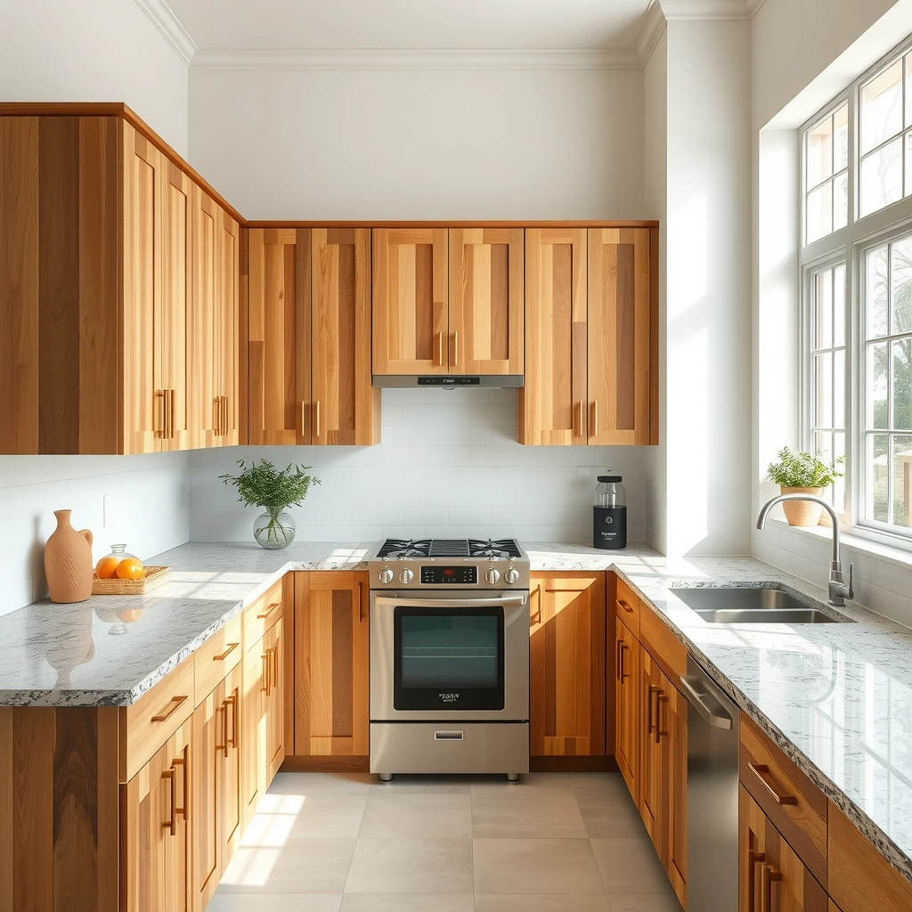 Minimalistische Küche mit recycelten Holzschränken und Arbeitsplatten aus recyceltem Glas