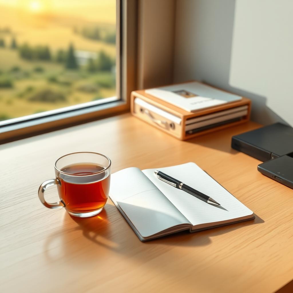 Ordentlicher Schreibtisch mit Teetasse und Notizbuch, ohne elektronische Geräte.