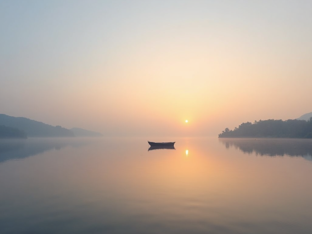 Eine minimalistische Fotografie eines einzelnen Bootes auf einem ruhigen See bei Sonnenaufgang