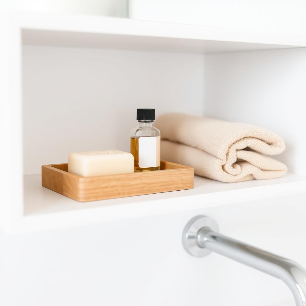 Ein minimalistisches Badezimmerregal mit einem Holztablett, auf dem eine Seife, eine Glasflasche mit ätherischem Öl und ein gefaltetes beiges Handtuch liegen.