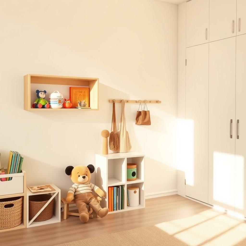 Minimalistisch gestaltetes Kinderzimmer mit einem kleinen Regal für Lieblingsspielzeug, einer gemütlichen Leseecke und einem aufgeräumten Boden.