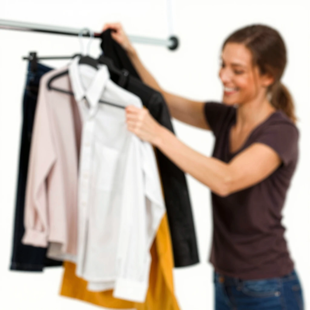 Eine Person räumt fröhlich den Kleiderschrank aus, sortiert Kleidung zum Spenden und behält eine einfache Capsule Wardrobe in einem hellen, ordentlichen Raum
