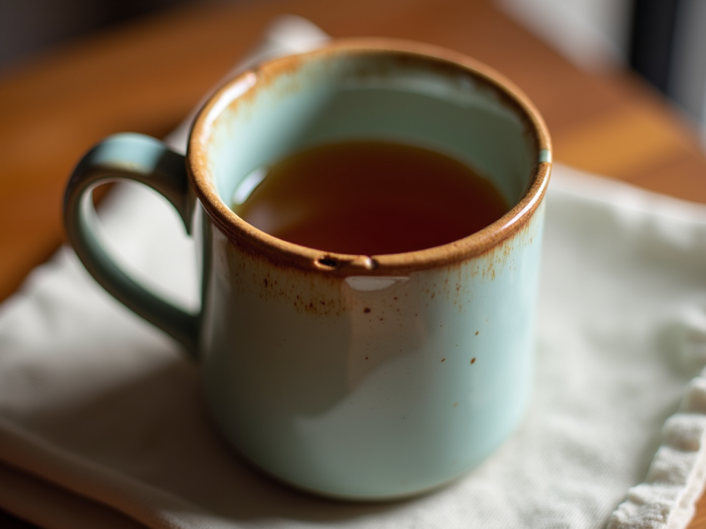 Eine Keramiktasse mit einem kleinen Riss, gefüllt mit Tee, auf einem Holztisch.