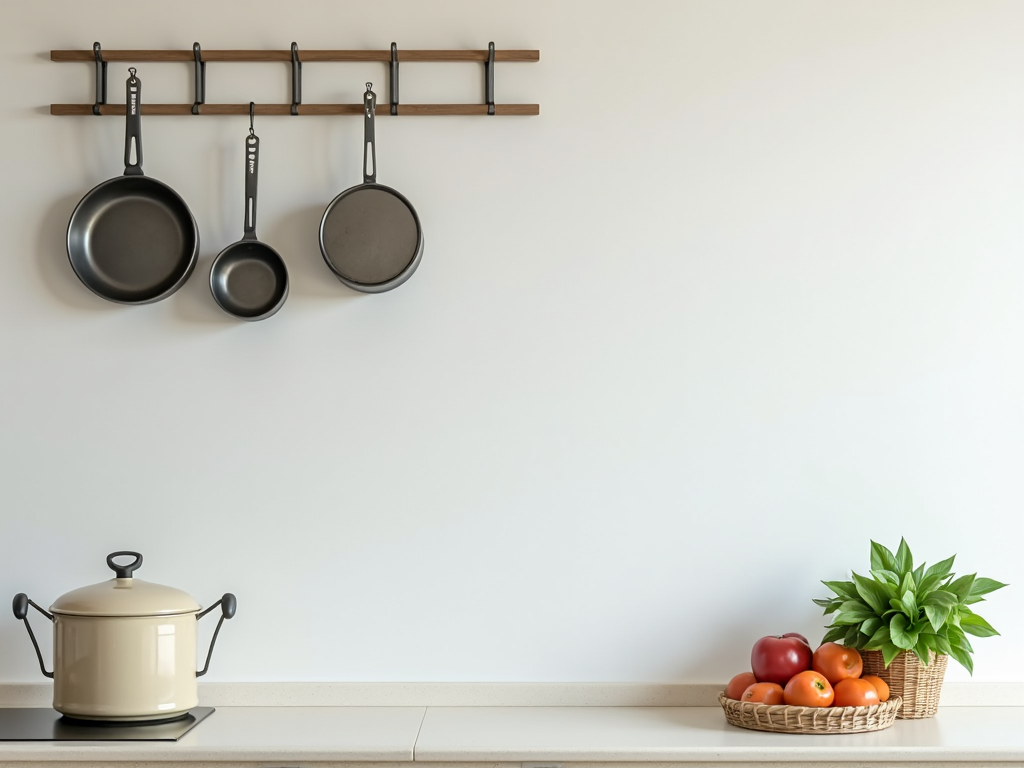 Eine minimalistische Küche mit freien Flächen und einem Korb frischem Gemüse