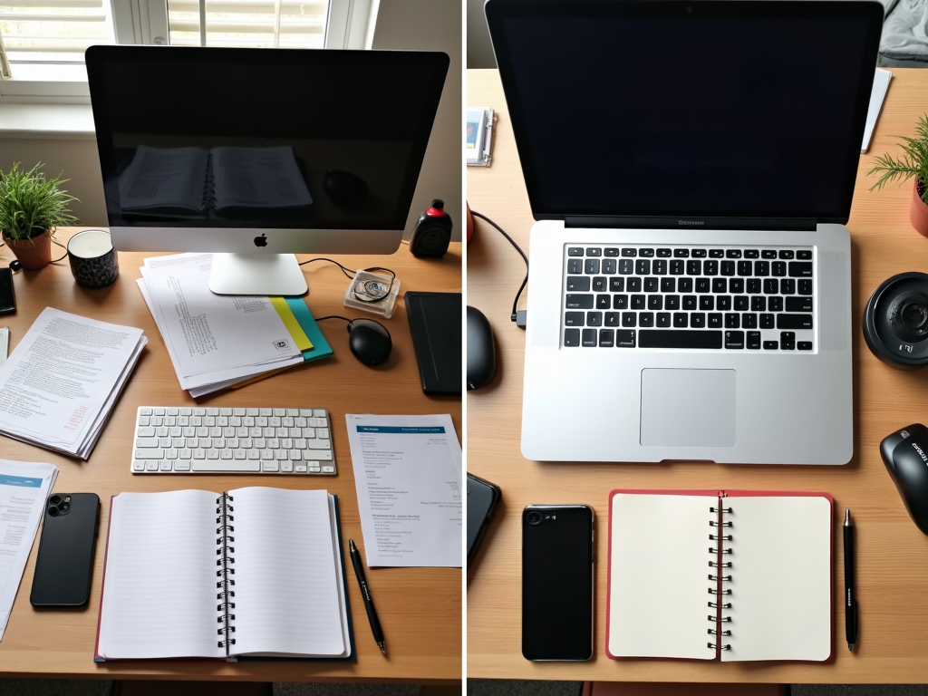 Vergleich: links ein chaotischer Schreibtisch mit Papieren und Geräten, rechts derselbe Schreibtisch aufgeräumt mit nur einem Laptop, Notizbuch und Stift.