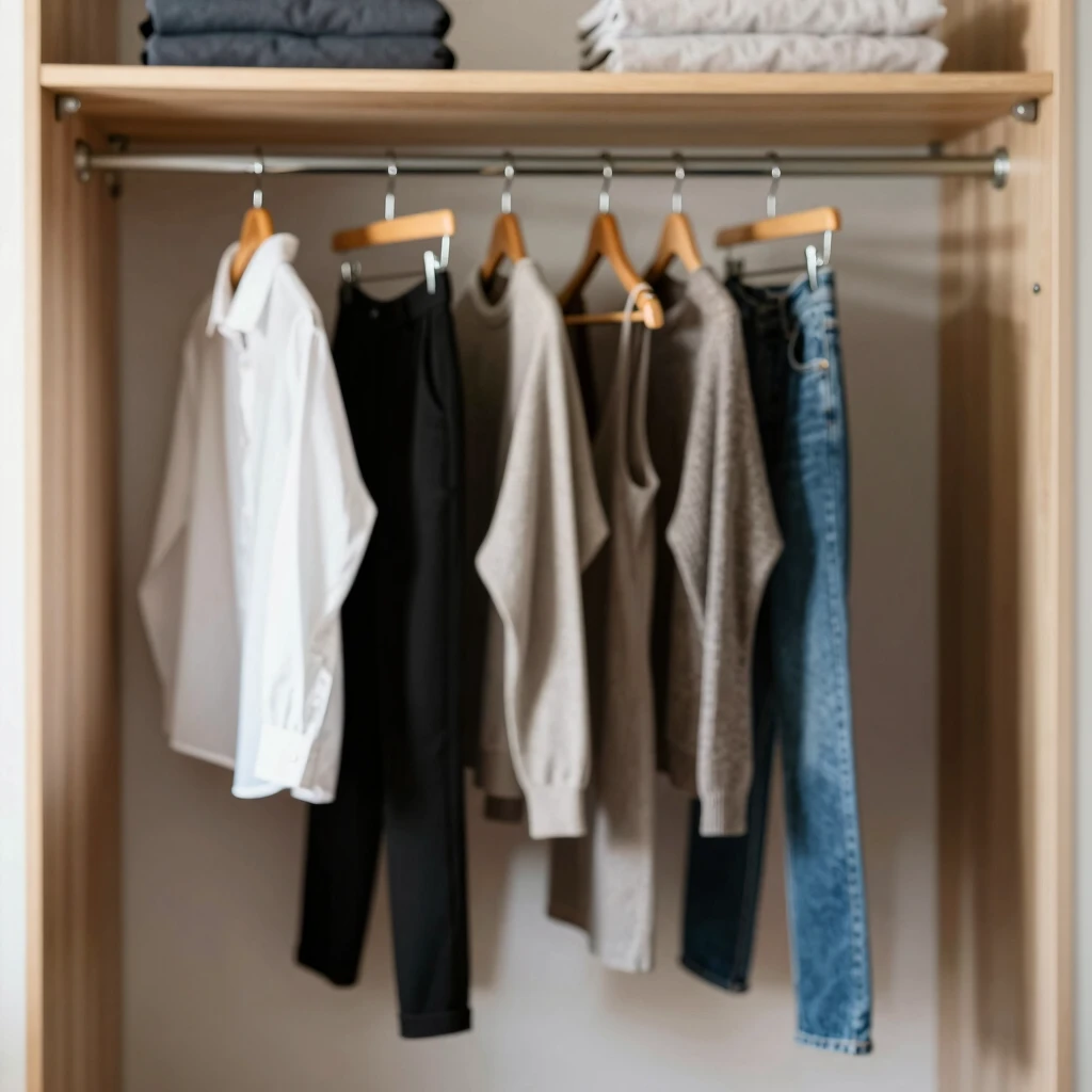 Minimalistischer Kleiderschrank mit wenigen, hochwertigen Kleidungsstücken in neutralen Farben
