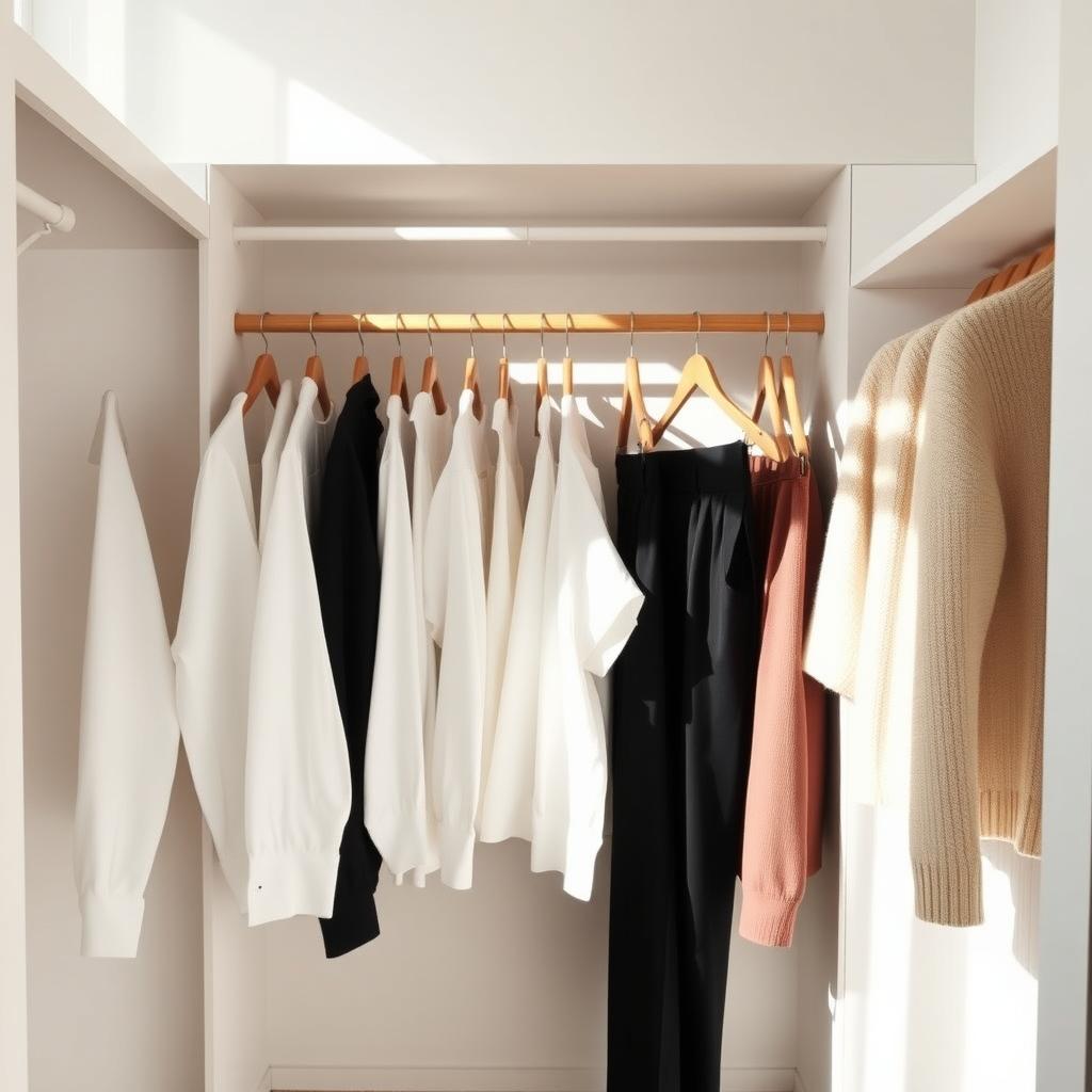 Ein aufgeräumter minimalistischer Kleiderschrank mit Holzbügeln, neutralen Kleidungsstücken und natürlichem Licht.