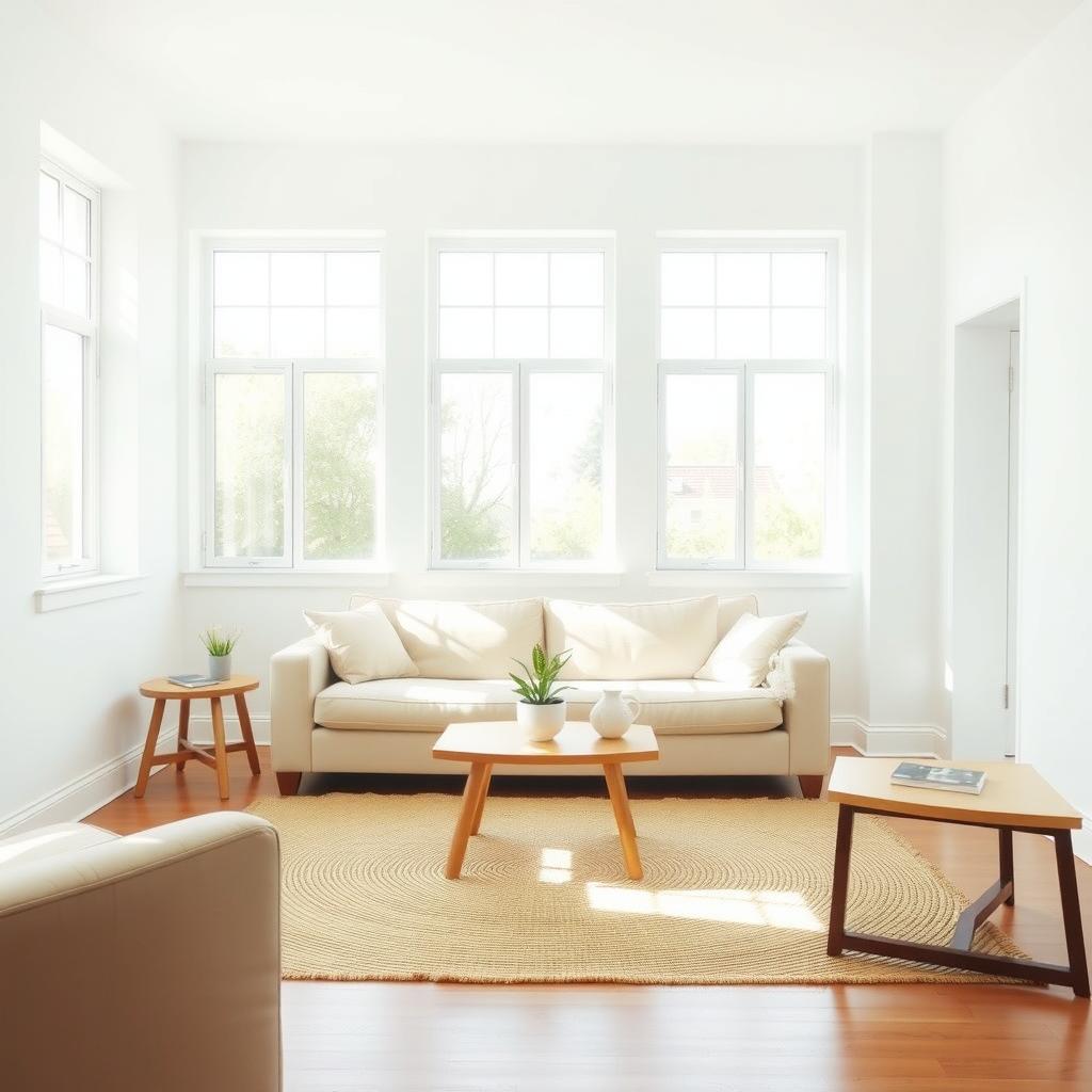 Helles, minimalistisches Wohnzimmer mit beigem Sofa, kleinem Holztisch und einer einzelnen Topfpflanze.