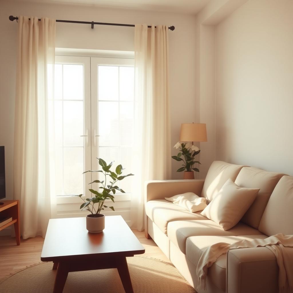 Ein gemütliches, aufgeräumtes Wohnzimmer mit natürlichem Licht, einer Pflanze auf einem Holztisch und einem beigen Sofa mit gefalteter Decke.