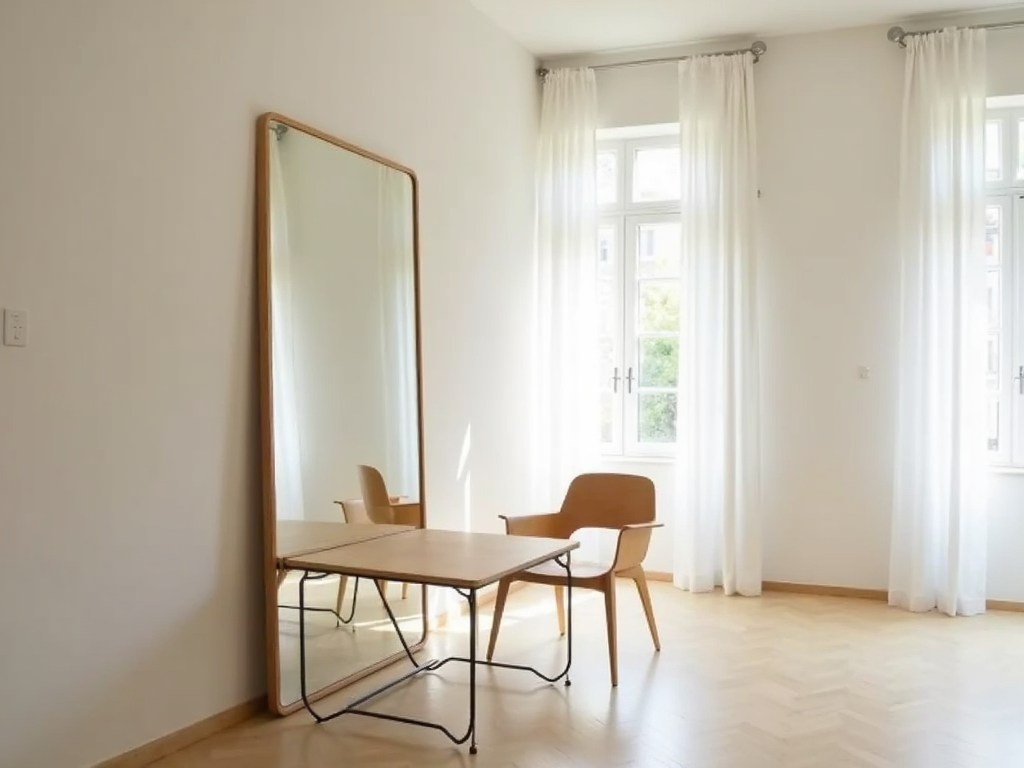 Eine kleine minimalistische Wohnung mit einem Klapptisch, einem Stuhl und einem großen Spiegel, der Licht reflektiert und Raum schafft.