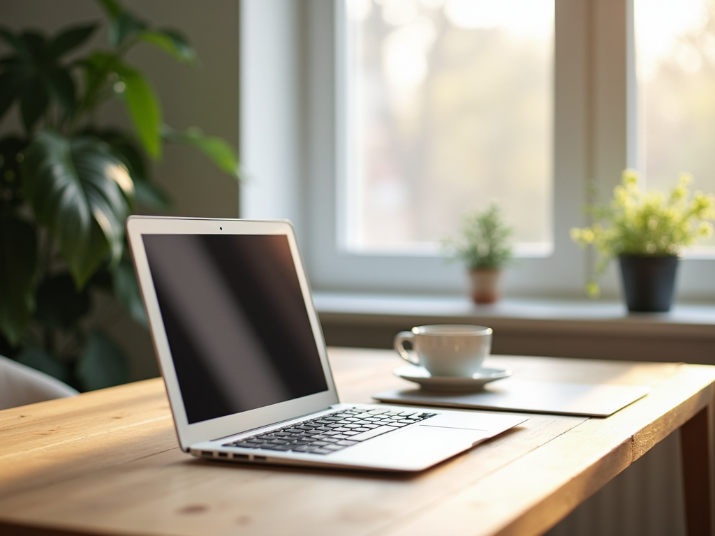 Ein ruhiger, minimalistischer Arbeitsplatz mit einem Laptop und einer Tasse Kaffee