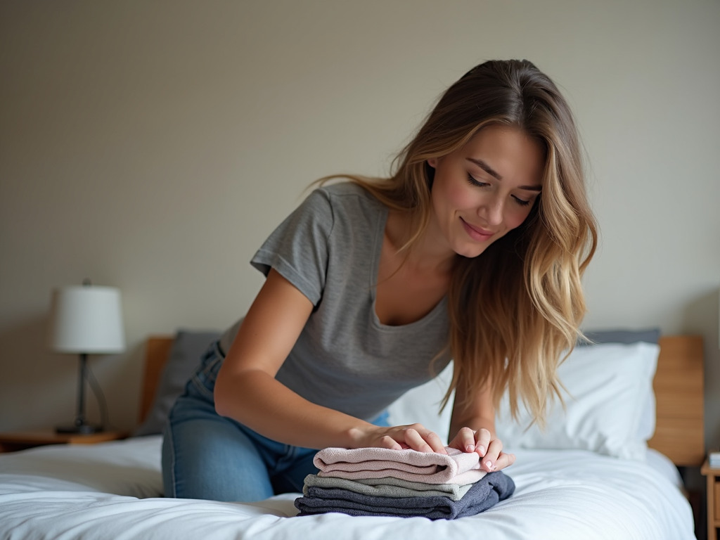 Eine Person faltet Kleidung in einem aufgeräumten Schlafzimmer