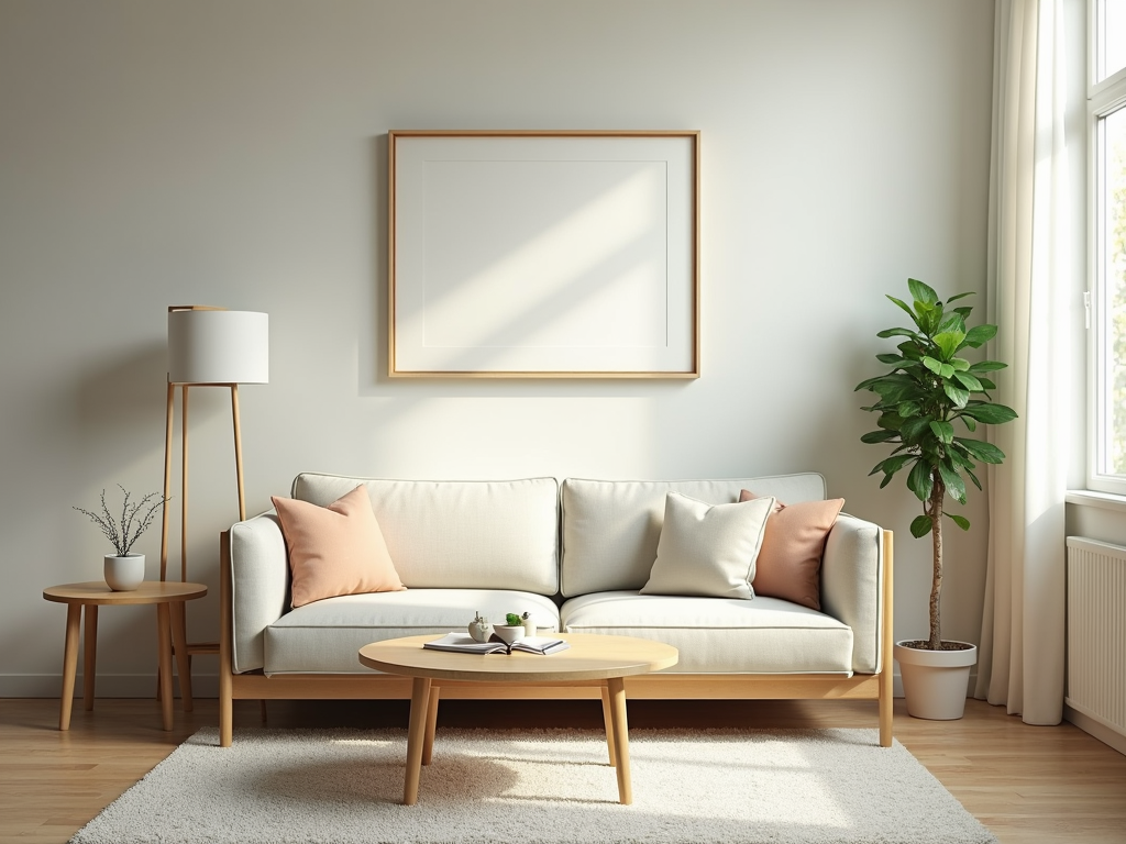 Ein ruhiges, aufgeräumtes Wohnzimmer, das Minimalismus und Gelassenheit ausstrahlt.
