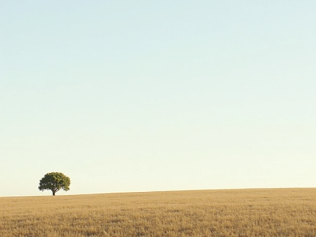 Ein minimalistisches Landschaftsbild mit einem einzelnen Baum in einem weiten Feld unter einem klaren Himmel.