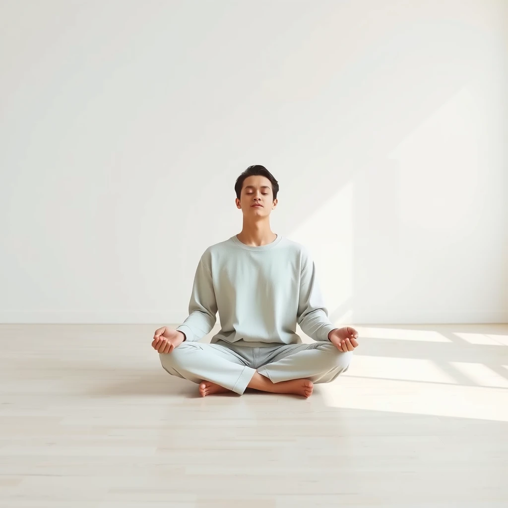 Eine Person meditiert ruhig in einem leeren, minimalistischen Raum
