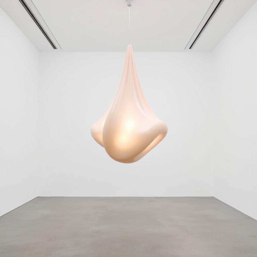Post-minimalistische Skulptur aus durchscheinendem Latex, die von der Decke einer schlichten Galerie hängt.