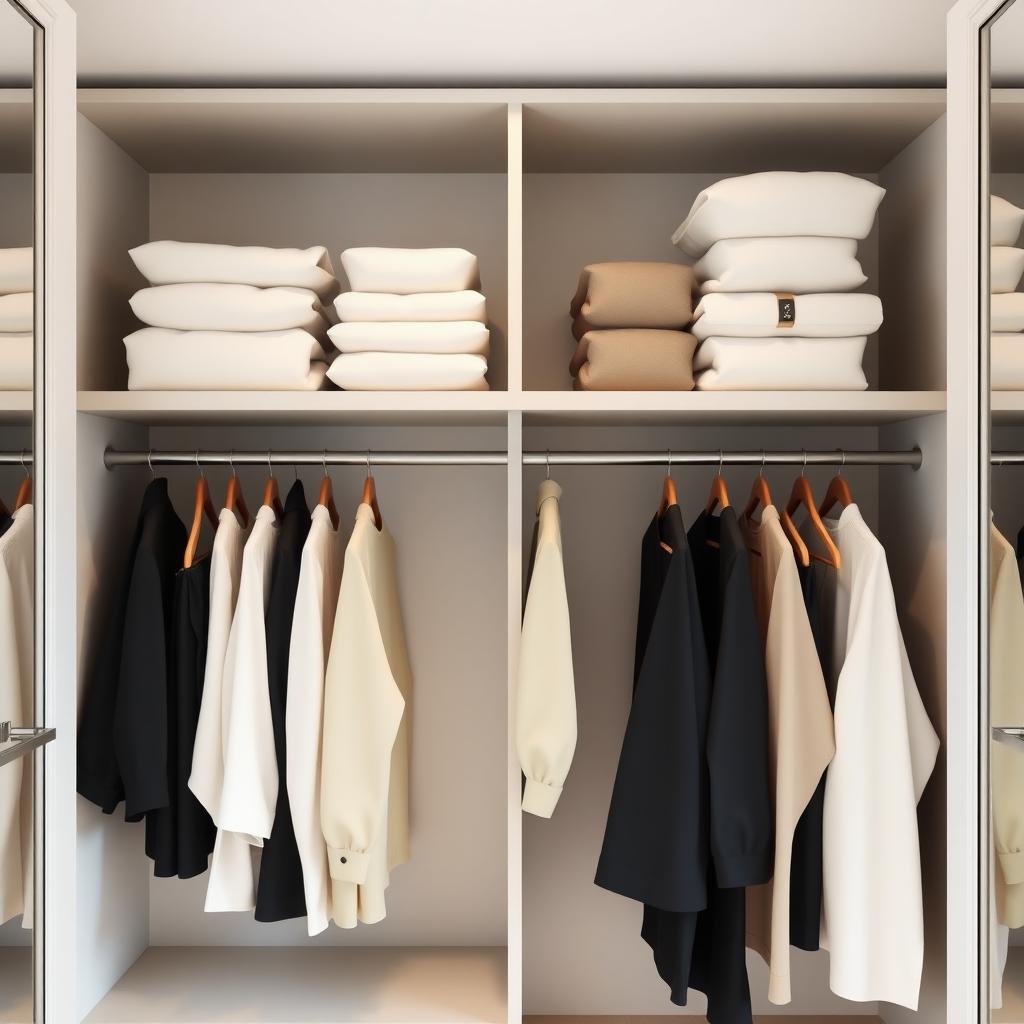 Ein minimalistischer Kleiderschrank mit hochwertiger Kleidung in neutralen Farben, ordentlich auf Holzbügeln in einem modernen, hellen Schrank.