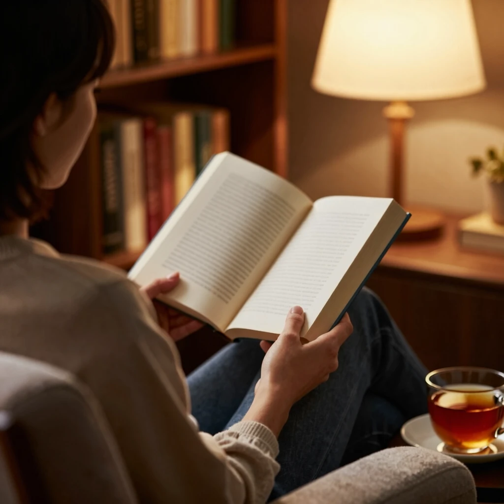 Person liest entspannt in einem Sessel umgeben von Büchern