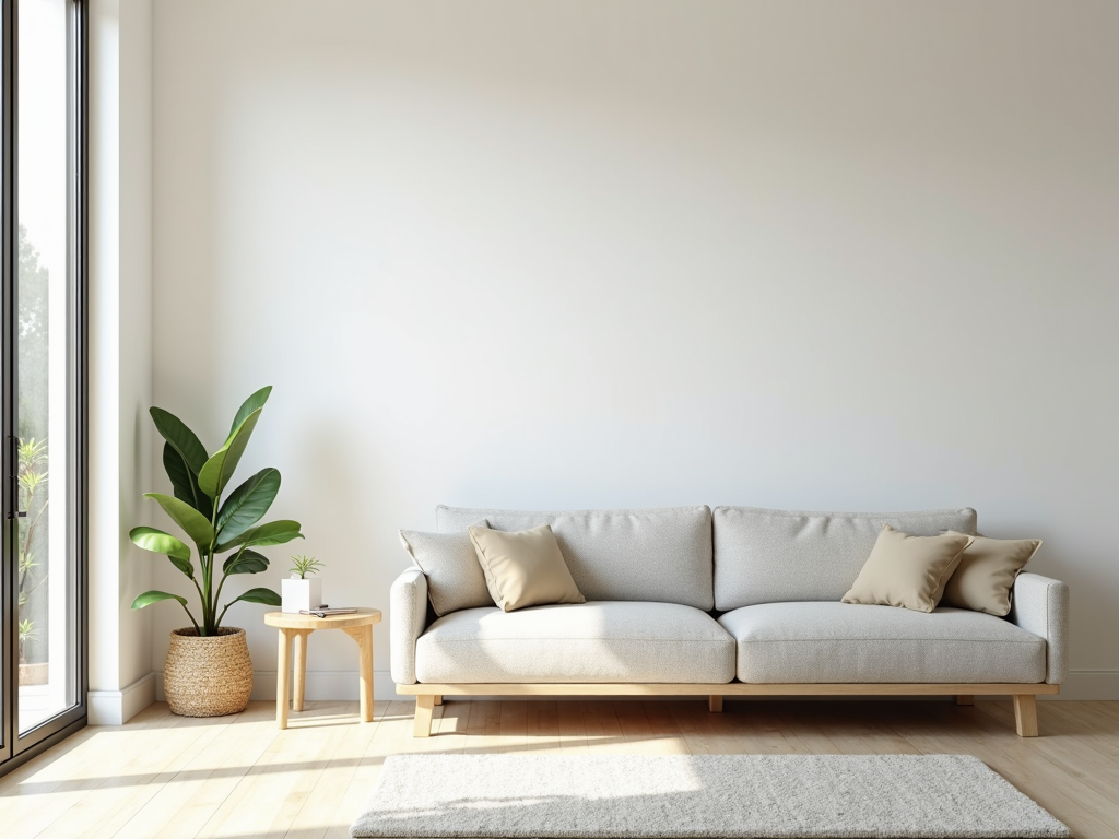 Ein minimalistisches Wohnzimmer mit einem gemütlichen Sofa und einem kleinen Holztisch