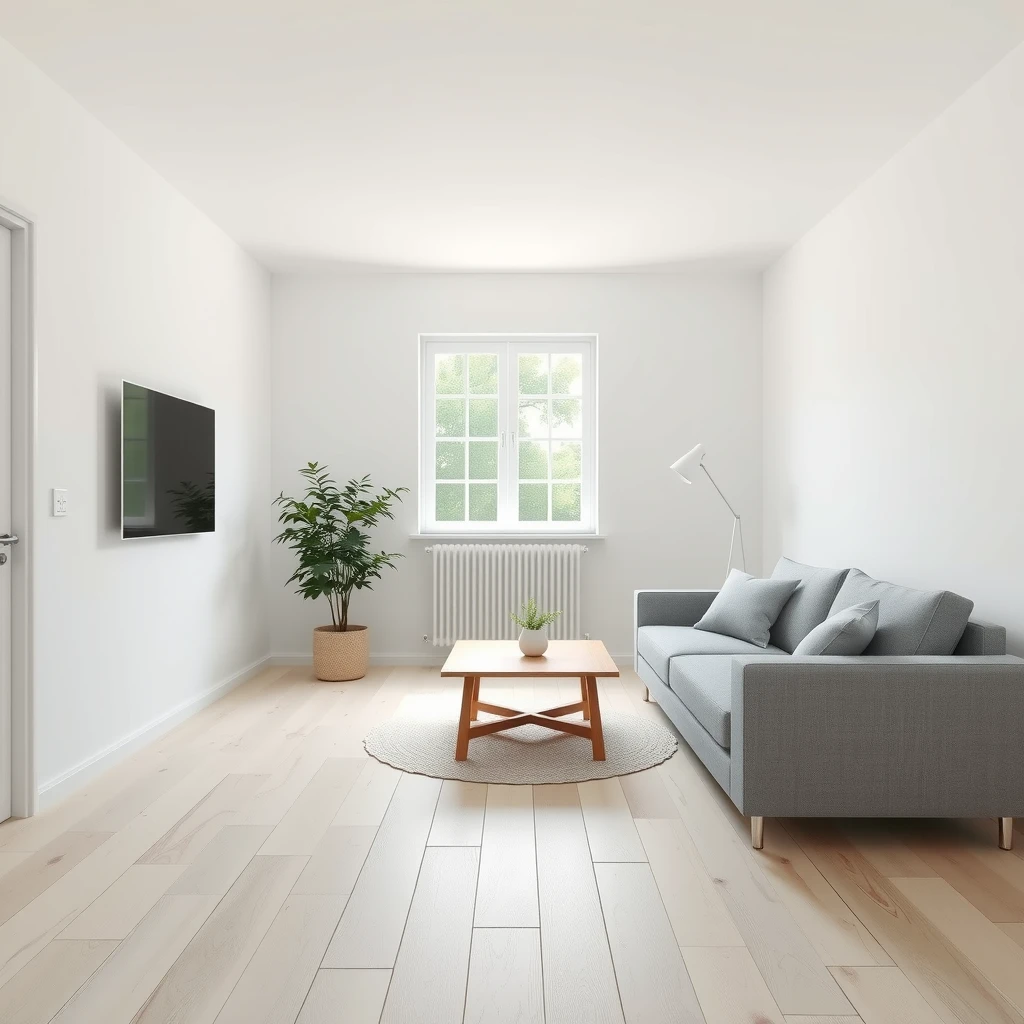 Ein ruhiges, minimalistisches Wohnzimmer mit weißen Wänden, Holzboden und wenigen Möbeln