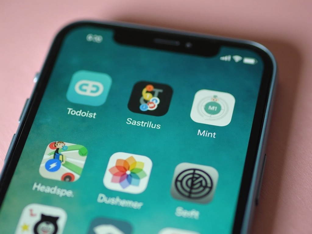 Ein Smartphone-Bildschirm mit Icons von Apps wie Todoist, Mint und Headspace.