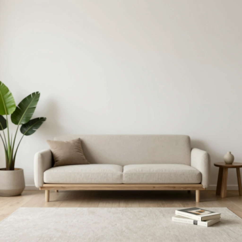 Minimalistischer Lebensstil: Ruhiges Wohnzimmer mit wenigen Möbeln, Pflanzen, Büchern und neutralen Farben