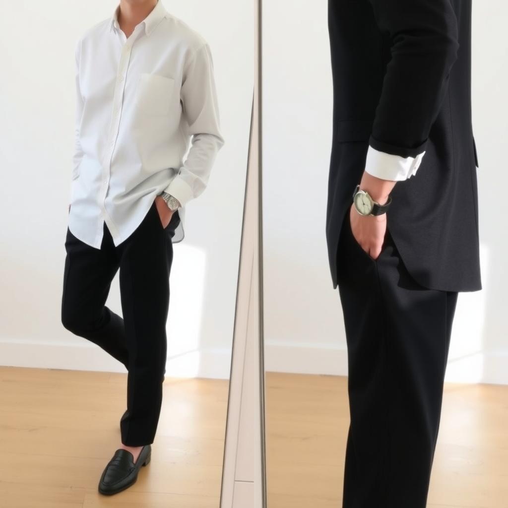 Eine Person vor einem Spiegel in einem minimalistischen Outfit aus einem weißen Hemd, schwarzen Hosen und klassischen Lederschuhen, mit einer schlichten silbernen Uhr, in einem hellen Raum mit Holzboden.