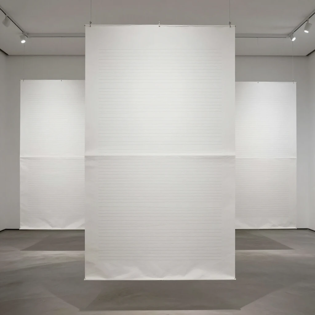 Installation von Maria Yelletisch mit repetitiven Linien auf Papier in einer modernen Galerie