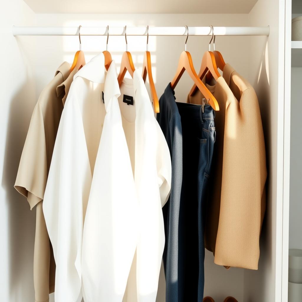 Ein ordentlich organisierter Kleiderschrank mit einer kleinen Auswahl hochwertiger Kleidung an Holzbügeln.