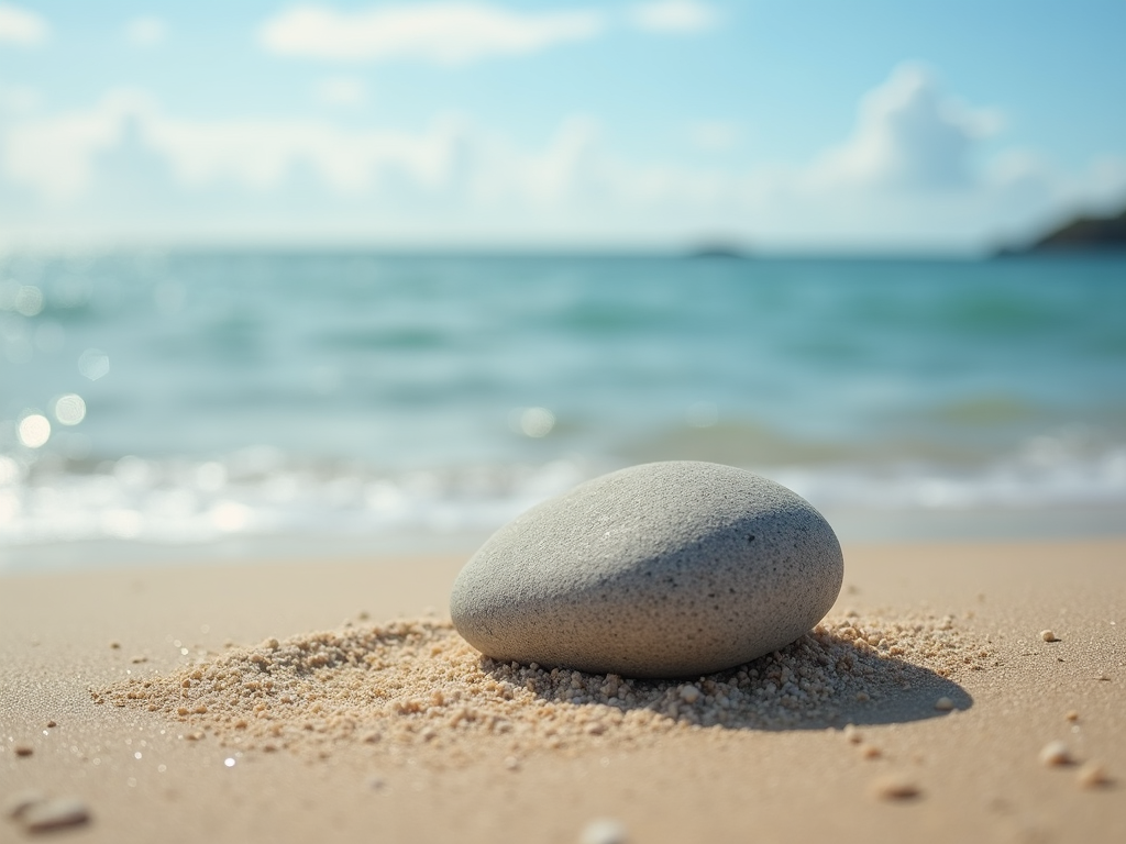 Ein einzelner Stein am Sandstrand mit verschwommenem Meer im Hintergrund