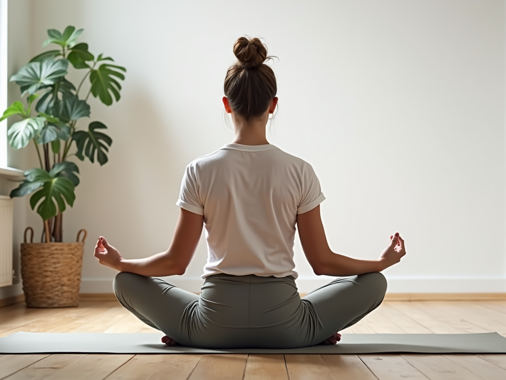 Person meditiert in einem einfachen, aufgeräumten Raum mit einer einzelnen Pflanze und einer Yogamatte