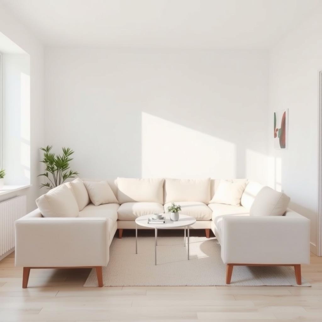 Gemütliches, minimalistisches Wohnzimmer mit klaren Linien und wenig Dekoration.